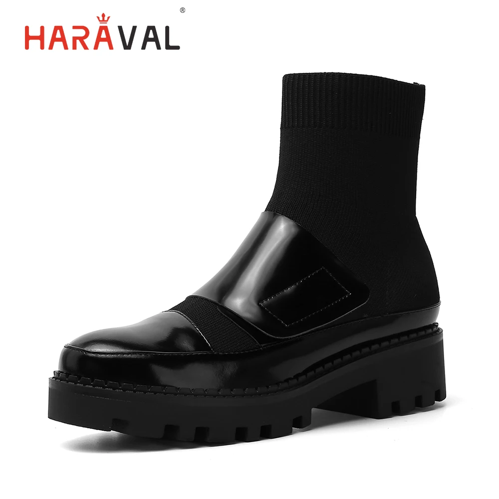 

HARAVAL Winter Fashion Lady Ankle Boots High Quality Genuine Leather Round Toe Thick Heel Shoes Solid Buckle Slip-on Boots B252