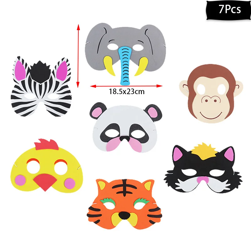 7pcs cosplay mask Cyuan День рождения мальчика ДЖУНГЛИ зоопарк вечерние одноразовый набор детский праздничный костюм бумажные тарелки стаканчики салфетки на день рождения украшения для мальчика - Цвет: 7pcs cosplay mask