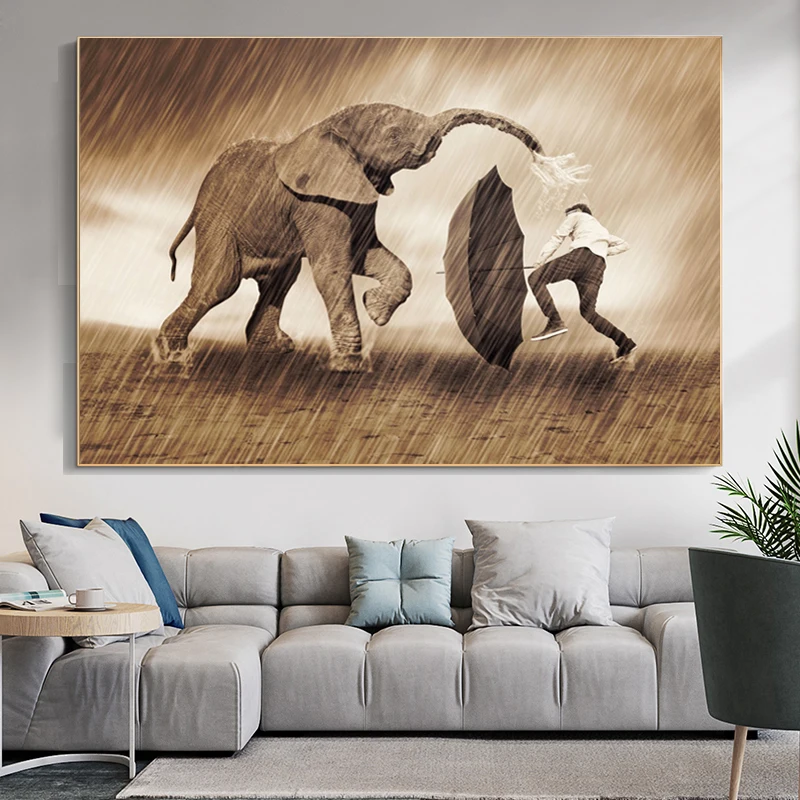

Funny Animal Canvas Paintings Elephant Play Rain Umbrella with Gentalman Print Poster Wall Art Home Decor Living Room Pictures