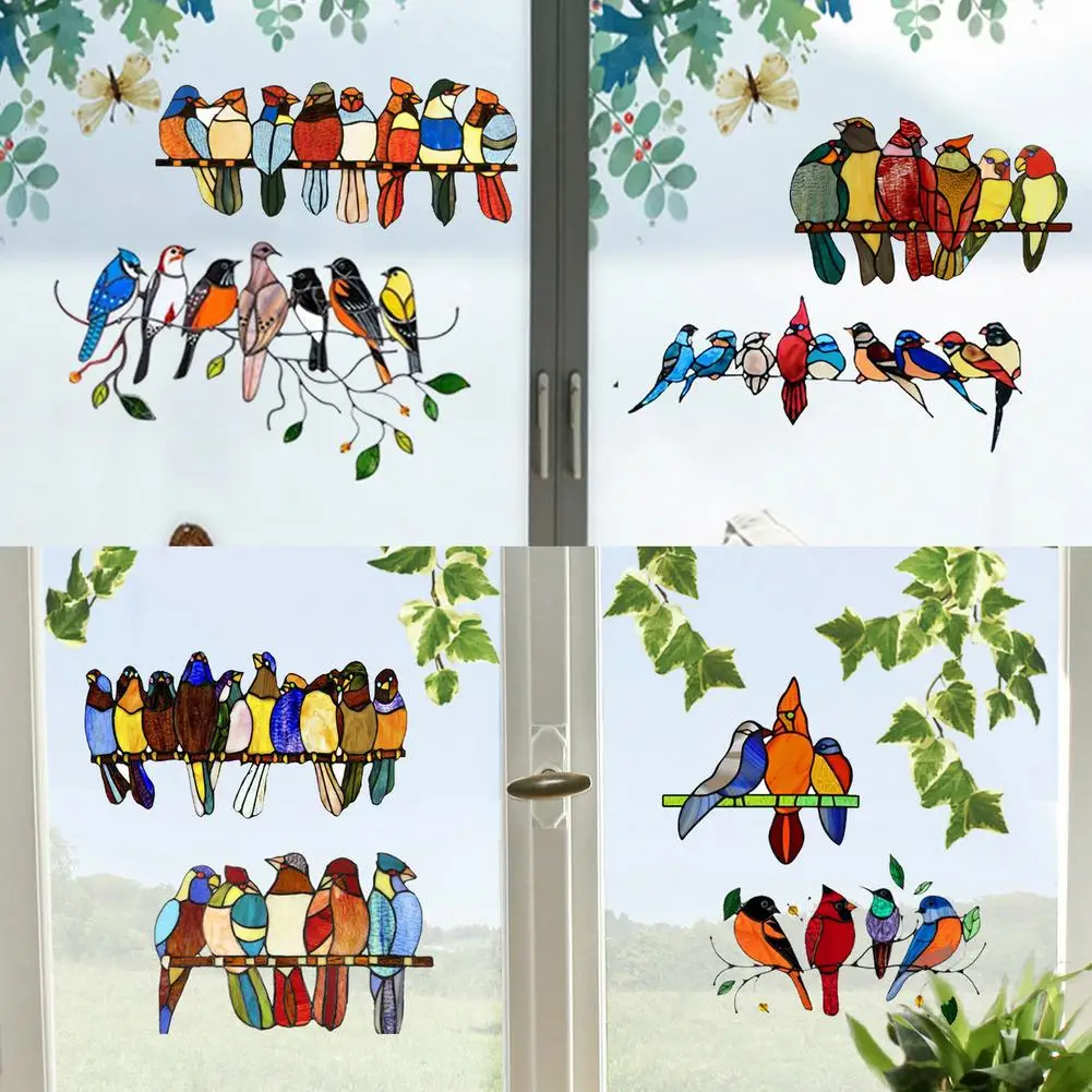 8pcs Mini Stain Glass Window hangings Bird Sticker Multicolor Birds