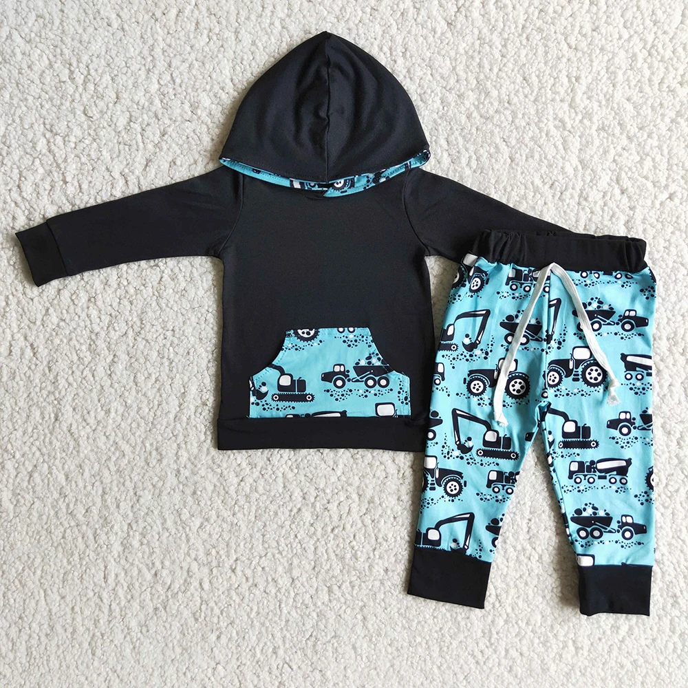 

Boy Long Sleeve Hoodie Clothing Set Cute Cartoon Print Outfit For Autumn Winter Fashion Black Color Clothes With Pocket