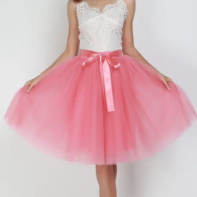 6Layers 65cm Fashion Tulle Skirt Pleated Tutu Skirts Women Lolita Petticoat Bridesmaids Sweet Party Midi Skirt Mini Skirt Dress watermelon red