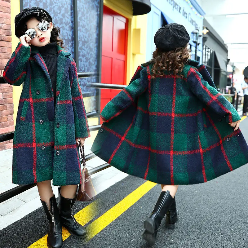 

Classic Teenage Long Wool Coat for Girl Green Plaid Jacket Overcoat Kids Plus Size Loose Warm Wool Blend Long Winter Trench Coat