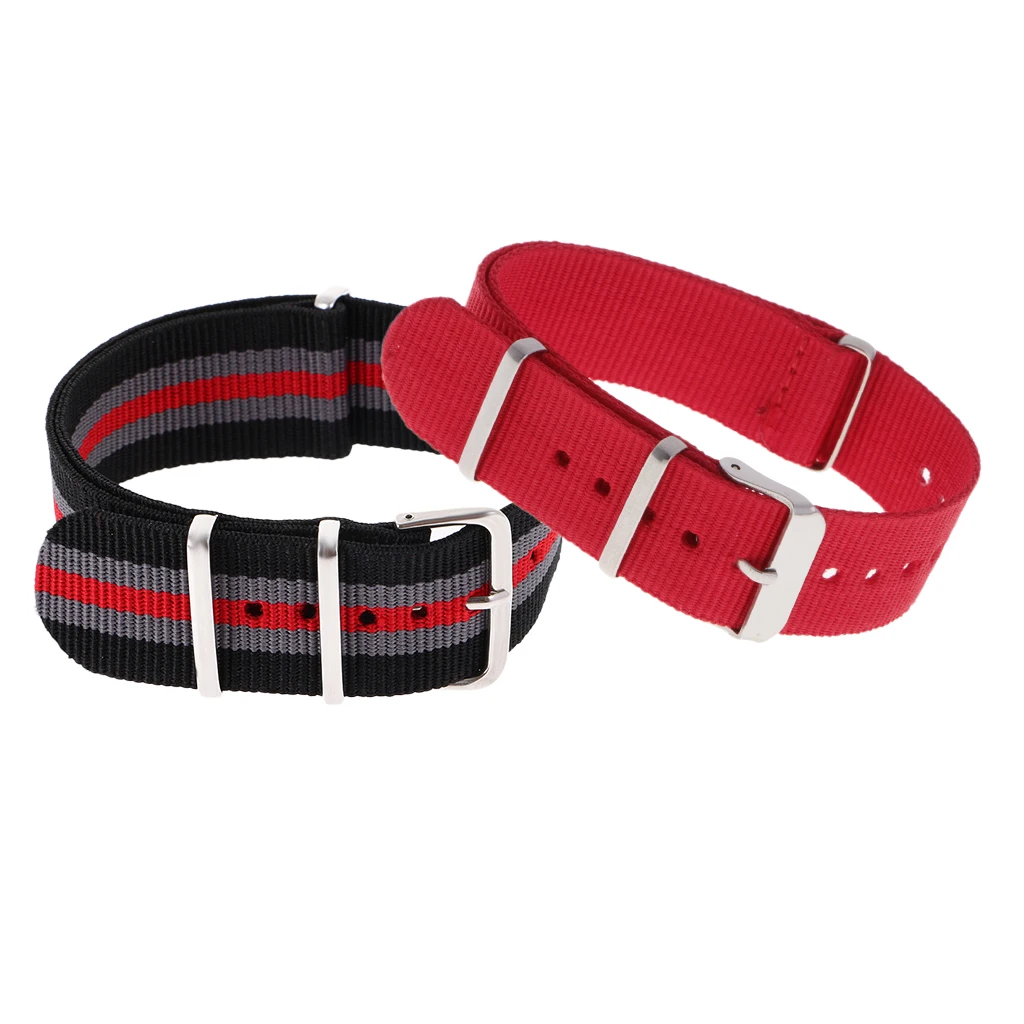 Prettyia 2pcs Mens Red Stripe Woven Nylon Watchband Watch Strap Replacement