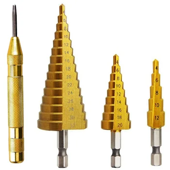 

3Pcs Step Drill Bit Set with Center Punch,4-12mm/4-20mm/4-32mm Drill Bits Set for Sheet Metal Hole Drilling