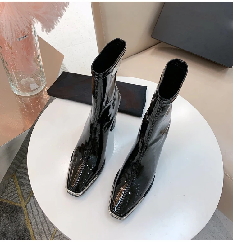 Stretch Mid-Calf Boots For Women 10cm Chunky High Heels Shoes Fashion Metal Square Toe Party Patent Leather Boots