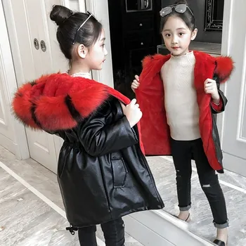 

New Girl Winter Fashion Faux Leather Jacket Children's Coat Kids Outerwear Baby's warm fur jacket Girl's Christmas Gift 4-12 y