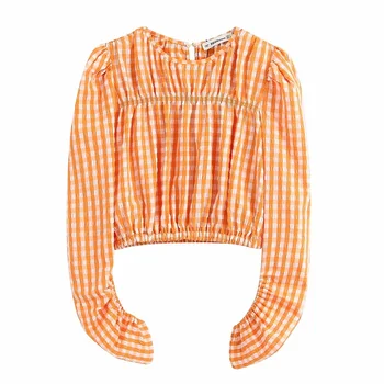 

Stylish Chic Contrast Colors Plaid Short Blouse Women Fashion O-Neck Shirts Elegant Ladies Chic Tops