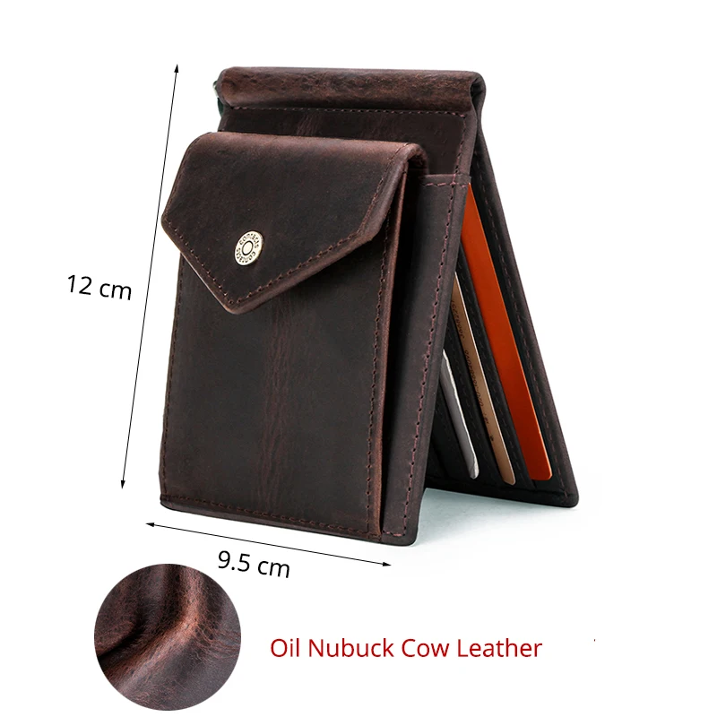 CONTACT'S Short Men Money Clip Oil Nubuck Cow Leather Wallets For Men Retro Money Case With Credit Card Slot Small Coin Pocket
