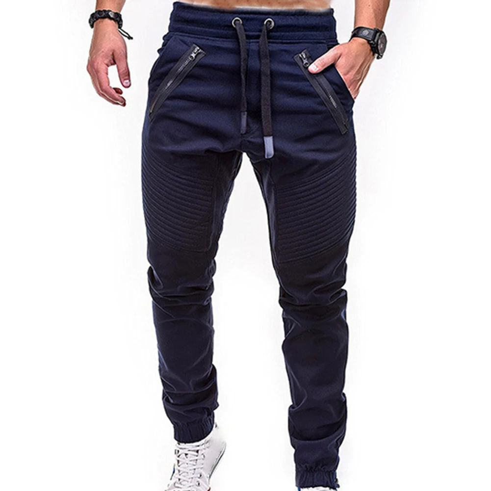 Men Fashion Drawstring Zip Strips Pockets Ankle Tied Long Pants Sports Trousers Drawstring Ankle Joggers Sweat Casual Pants
