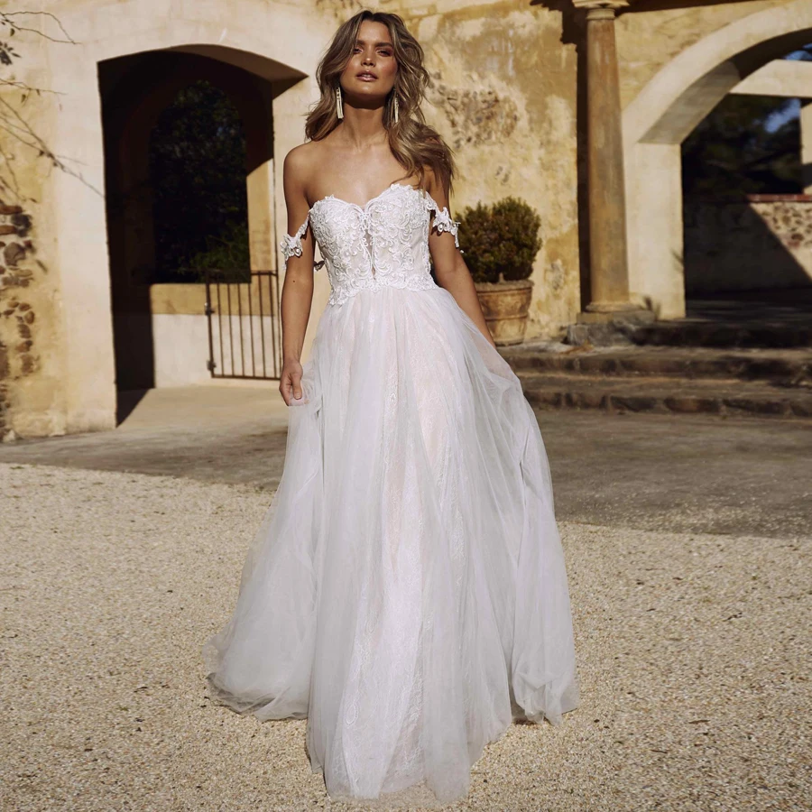 Сексуальное Милое ТРАПЕЦИЕВИДНОЕ свадебное платье Robe De Mariage Deatachable с открытыми плечами Кружевная аппликация богемный свадебное платье размера плюс