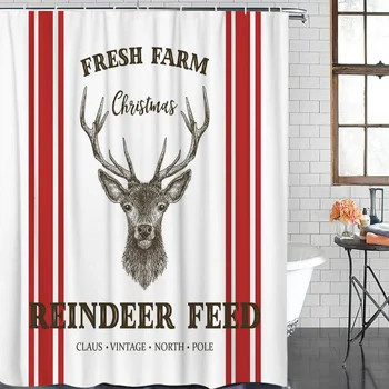 

Bathroom Waterproof Curtain Christmas Elk Farm Red Stripes Fabric Shower Curtain Home Bathroom Decor Christmas Shower Curtain