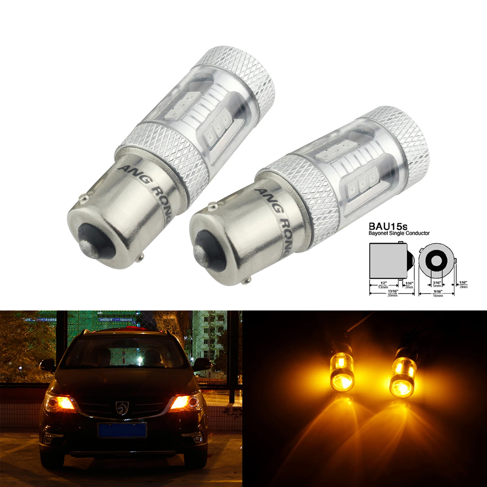 2x Amber 581 PY21W BAU15s LED Bulb Sidelight Turn Signal Indicator Light 15W DRL