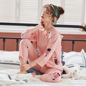 

New Pajamas Women's Spring and Summer Cotton Silk Large Size Long Sleeve Trousers Pajamas Set Cotton Silk Home Wear