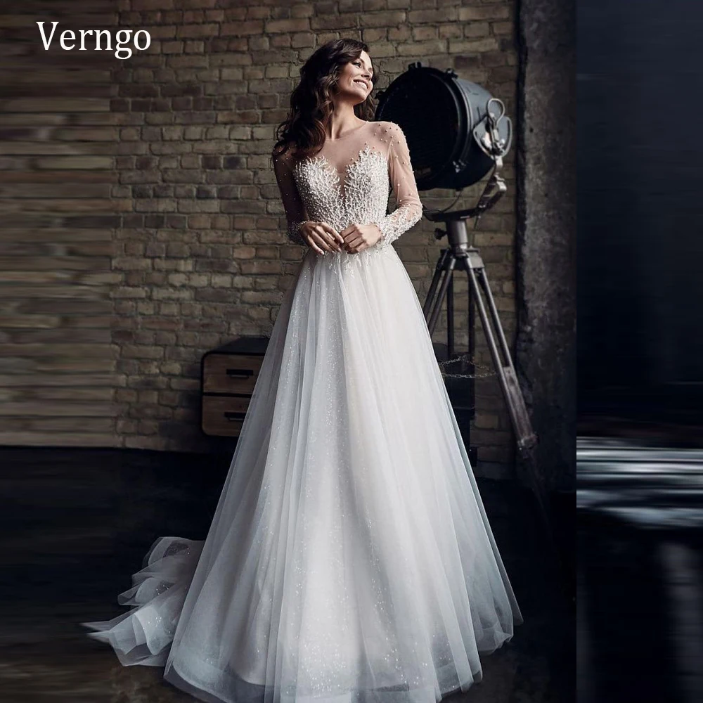 Verngo Delicate Lace Applique Beads Pearls Wedding Dress Long Sleeves  Glitter Skirt A Line Elegant Bridal Gowns Buttons Back - AliExpress