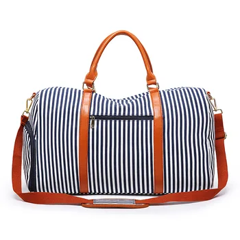 

Blue Striped Canvas Luxury Duffle Bag Women Travel Bags Laptop Tote Shoes Organizers Holder Wall Corner Durable Ladies Package