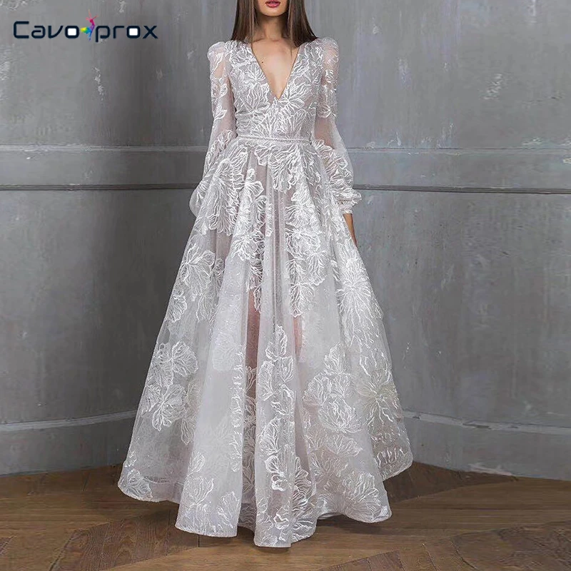 

Women Plus Size Long Sleeve Plunge V-neck Elegant Maxi Lace Dress Bridesmaid Wedding Vestido Chic Maxi Dress