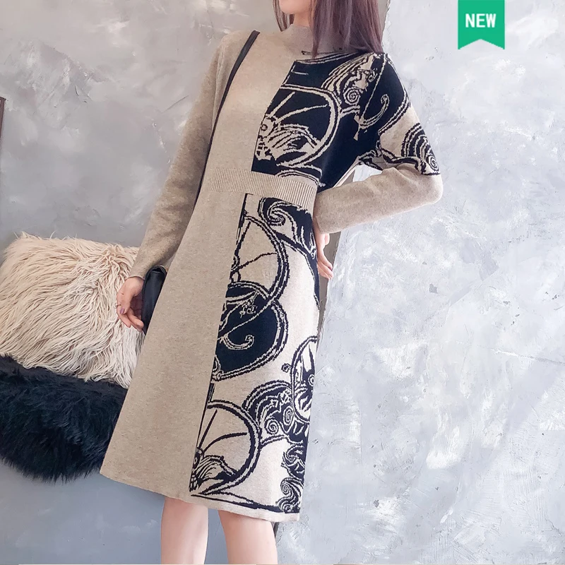 

13072 (room 4, row 2, row 5) new medium-long half-high collar color matching knitted dress 60jd