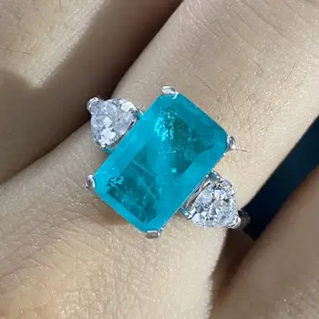 

Sterling silver 925 aquamarine ring with Created lake blue Paraiba Tourmaline gemstone rings for women 925 silver party jewelry
