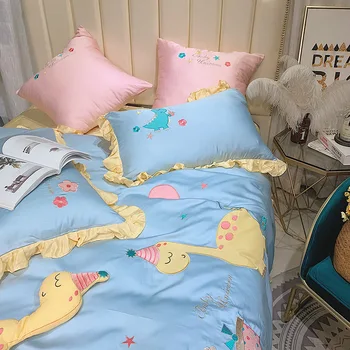 

Hipster Princess Style 60 Tencel Four-piece Set Cute Dinosaur Embroidered Cool Feeling Quilt Cover GIRL'S Heart Bedding Article