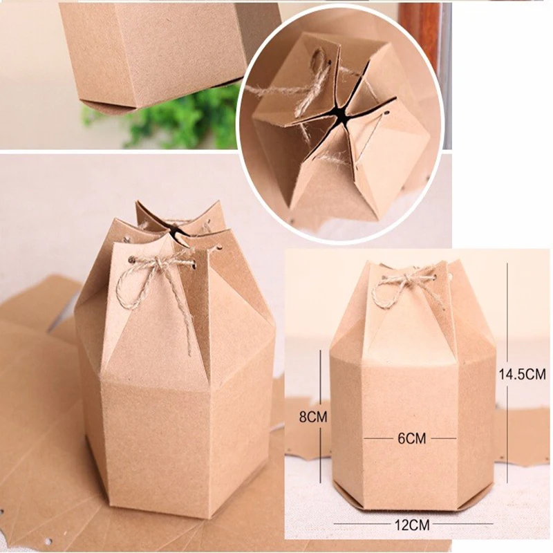 9x11cm 5Pcs Small Kraft Packaging Hexagonal Paper Gift Box Vintage Cardboard Cookie Tea Packing With Rope | Дом и сад