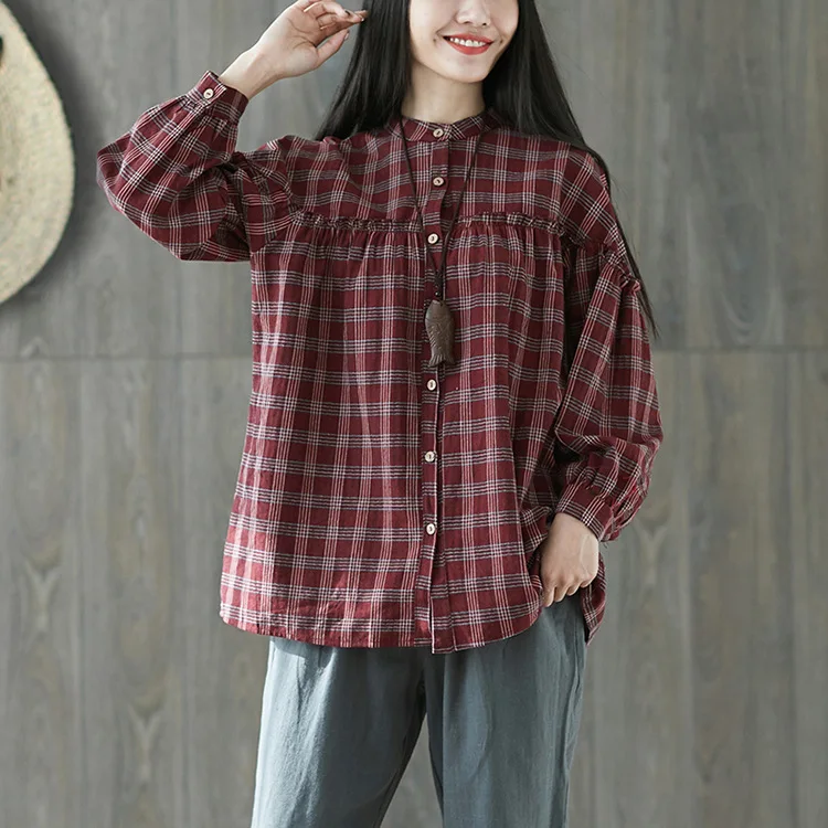 

2019 Autumn Clothing New Style Korean-style Literature And Art Cotton Linen Plaid Printed Long-sleeved Shirt Fat Mm Slimming Sta