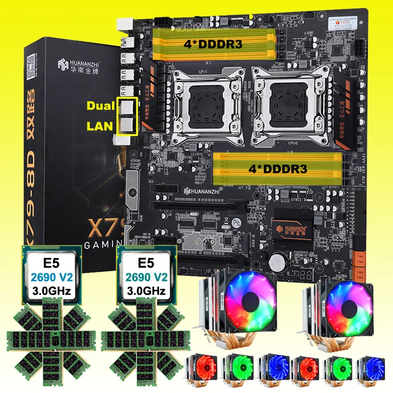 #^Special Price Discount HUANANZHI X79-8D dual X79 motherboard with M.2 SSD dual CPU Xeon E5 2690 V2 with coolers RAM 128G(8*16G) 1866MHz RECC