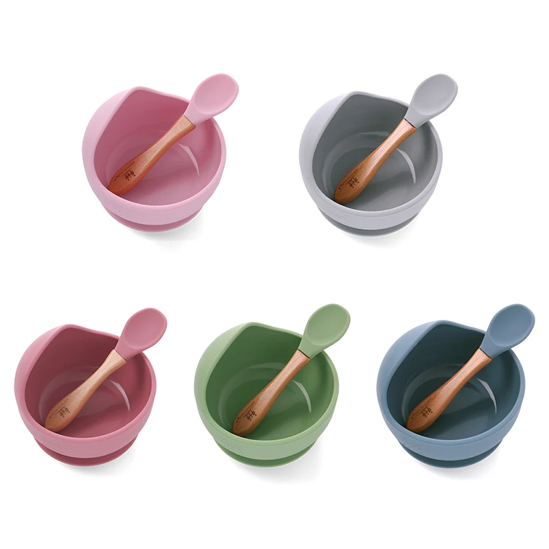 

1set Silicone Baby Feeding Bowl Set Baby Learning Dishes Suction Bowl Set Wood Spoon Non-Slip