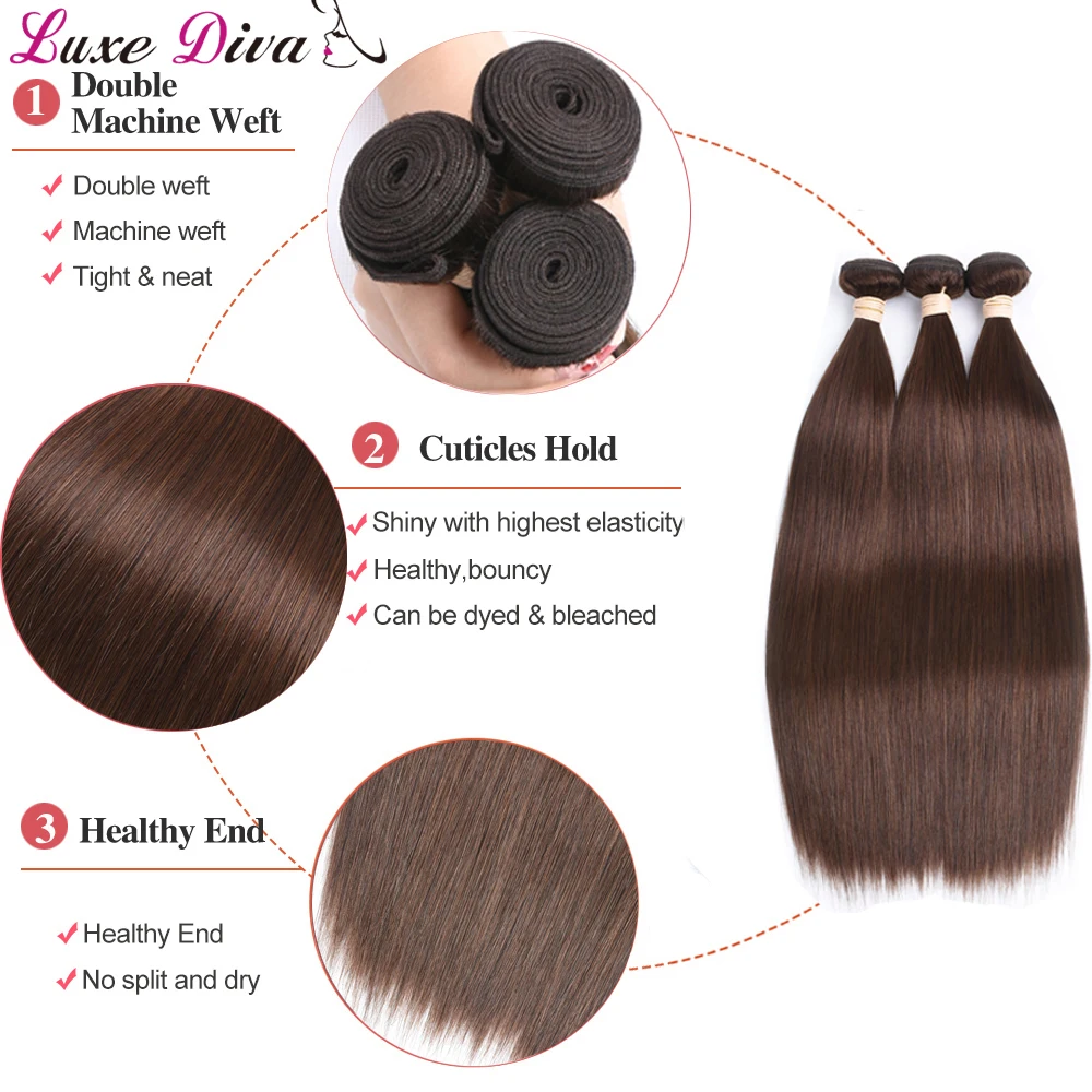 Pre Colored Brown Straight Hair Weave Bundles Brazilian Human Hair Extension #4 Light Brown Color Remy Bulk 1-4 Lots