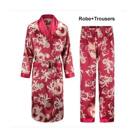 Шелковая ночная рубашка мужская летняя тонкий купальный халат Тигр Ночная рубашка свободная Свадебная robesilky с длинным рукавом Sleeprobe размера плюс домашняя одежда - Цвет: robe and trousers