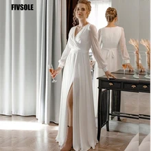 Elegant Wedding Dress 2021 A-Line Side Slit V-Neck Lantern Long Sleeve Pleat Bow Sashes Zipper Bridal Gown Vestidos De Noiva