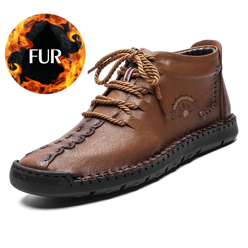 Новые зимние мужские кожаные ботинки высокого качества легкие зимние боты с мехом теплые мужские высокие ботильоны повседневная обувь Большие размеры 48 - Цвет: brown