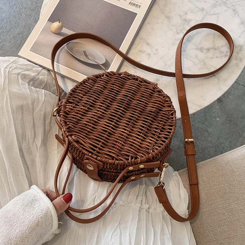 

Woven Rattan Bag Round Straw Shoulder Bag Small Beach HandBags Women Summer Hollow Handmade Messenger Crossbody Bags
