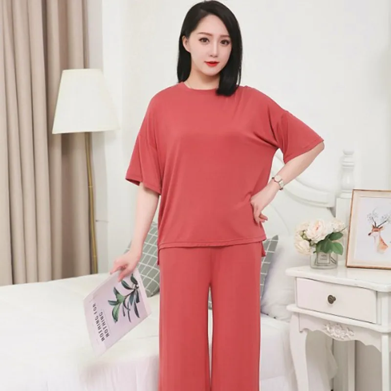 

Fat MM casual home clothes new pijamas women spring summer t shirt + 3/4 pant two piece set cotton pajamas loose pyjama femme