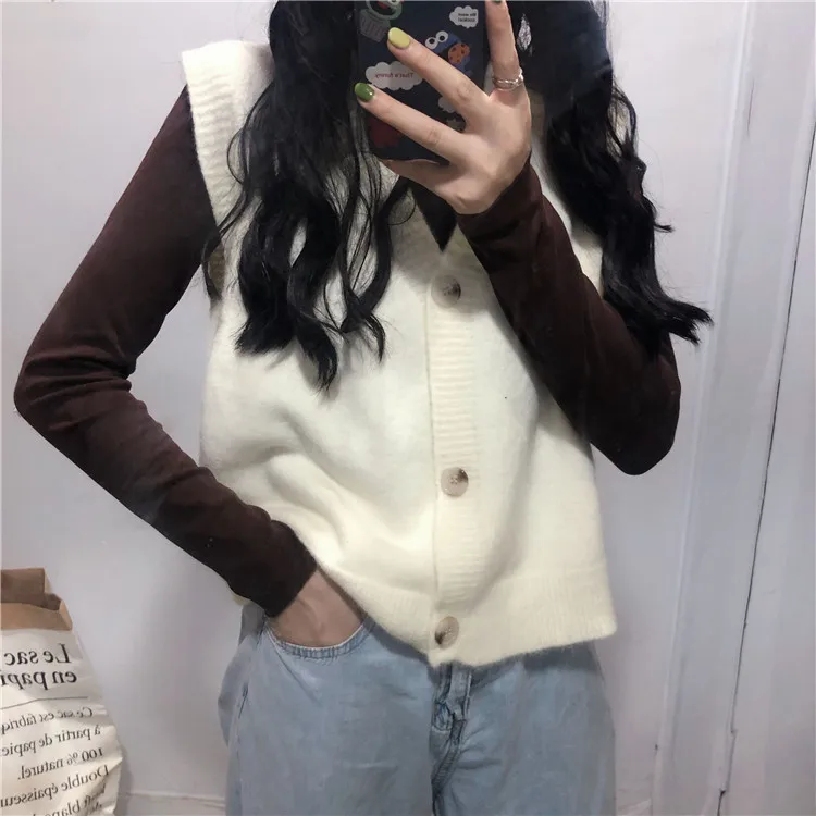 Autumn Women Solid Color Sweater Cardigan Vest Loose Wearing A Small Korean New Knitted Cardigan Single-breasted Women Vest
