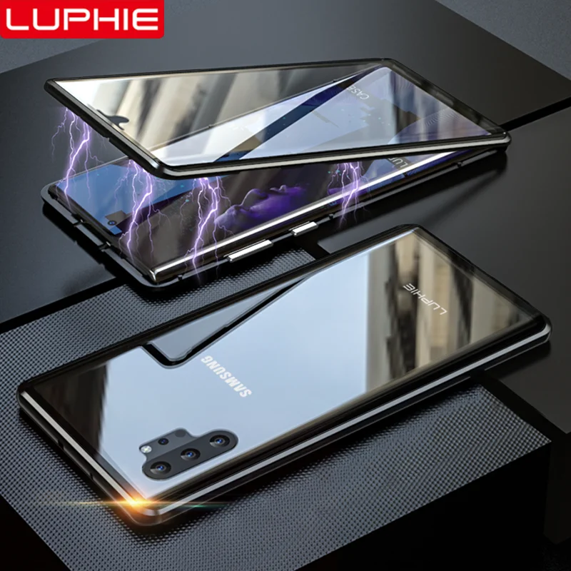 

LUPHIE 360 Full Magnetic Case For Samsung Note 10 Plus Cover Front Back Glass Case For Samsung Galaxy Note 10+ Magnet Cases