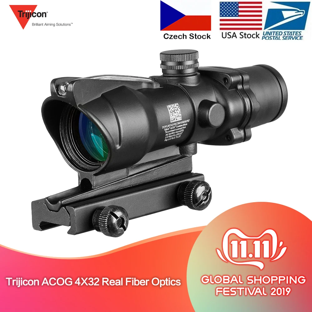 

Hunting Riflescope ACOG 4X32 Real Fiber Optics Red Dot Illuminated Chevron Glass Etched Reticle Tactical Optical Sight