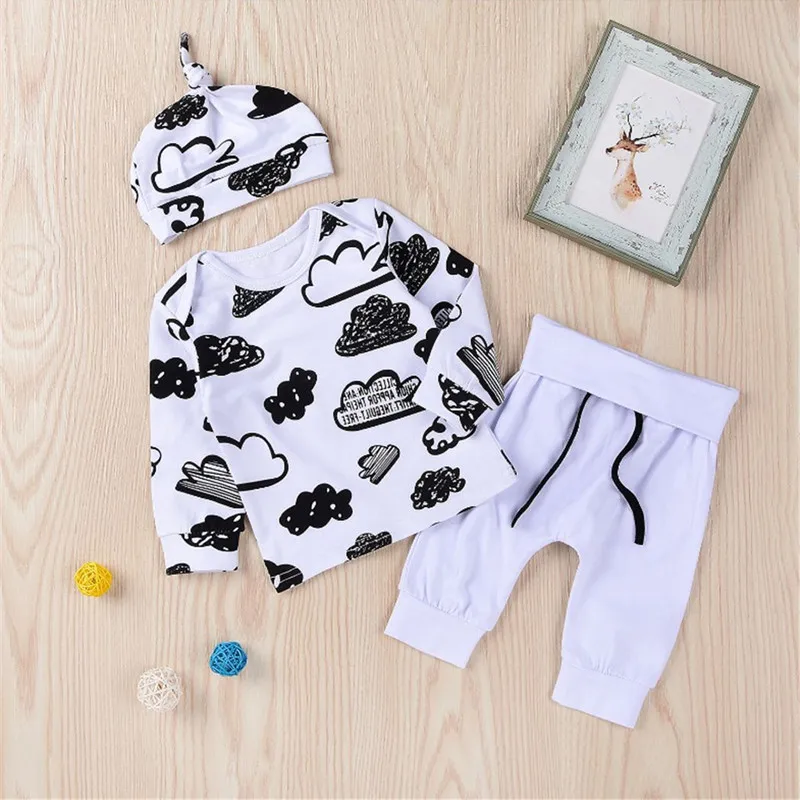 

Baby Girl Clothes Sets 2019 Autumn New Cute Baby Boy Cloud Doodle Shirt + Solid Color Pants + Hat three-piece Suit For 0-18M