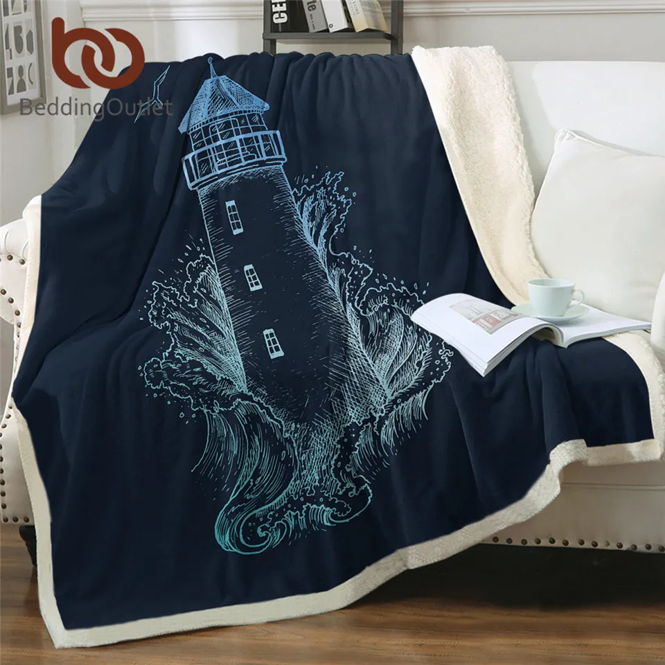 BeddingOutletLighthouseBlanketsForBedNauticalThemeSherpaBlanket