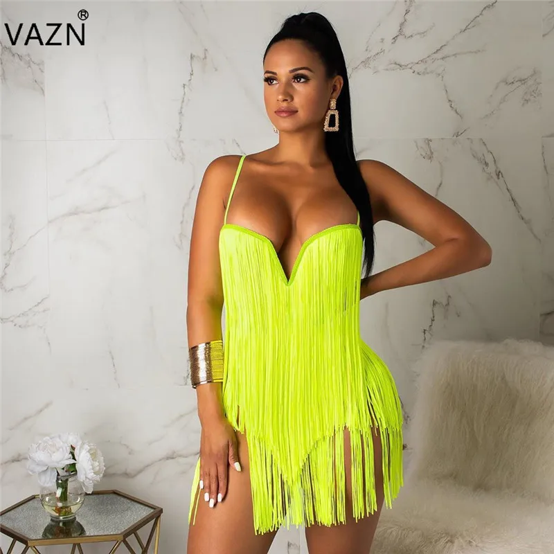 

VAZN 2019 Sexy Club Fashion Heavy Industry Trssel Spaghetti Strap Top Mini Skirts Hollow Out Slim Women 2 Piece Set OSM4074