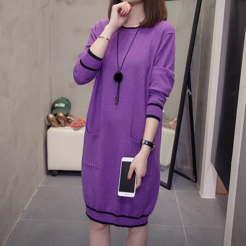 Плюс размер Spellcolor вязаное платье для женщин осень зима Корейская мода пуловеры длинный свитер более размер Свободный Трикотаж Джемперы 4xl - Цвет: Violet