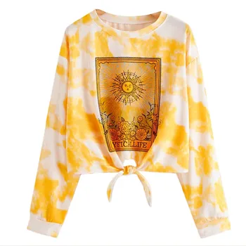 

Fashion Tie Dyeing Knot Print Sweatshirt Women Short Casual Long Sleeve Sun Letter Printed Sweatshirts Pullover Streetwear