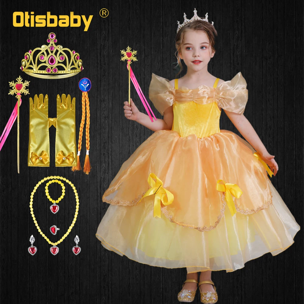 Disfraz de La Bella y La Bestia para niñas, vestido amarillo sin hombros  para Halloween, Carnaval, cumpleaños, Año Nuevo - AliExpress Madre y niños