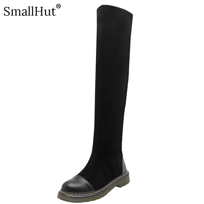 

Over the Knee High Boots 2019 Round Toe Square heel Stretch Fabric Women Autumn Ladies Sewing Patchwork 205 Woman Black Shoes