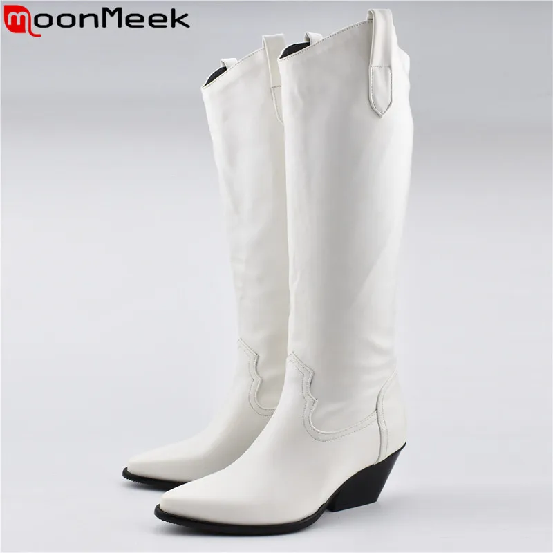 

MoonMeek 2020 new knee high boots women pointed toe thick high heels autumn winter boots simple slip on Riding boots women`s