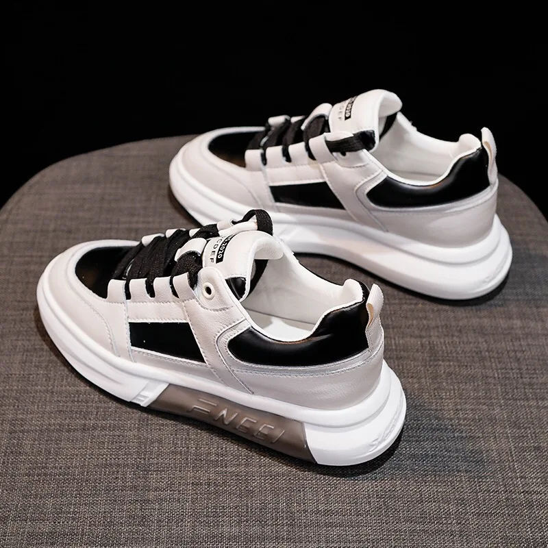 Women's Sports Shoes Color Matching Shoes 2021 New Fashion Thick Soled Soft Leather Sports Shoes Heightening Small White Shoes