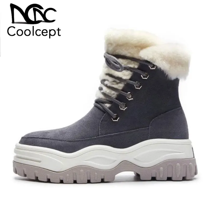 

Coolcept Genuine Leather Women Snow Boots Thick Fur Warm Ankle Boots Fashion Plush Winter Shoes Women Heeled Footwear Size 35-40