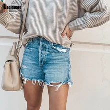 Women Skinny Bottom Light Blue Denim Shorts Vintage Ripped Shredded Short Jeans Casual Jeggings Ladies Stand Pockets Hotpants