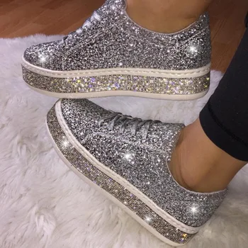 

WDHKUN Women Glitter Flat Sneakers Casual Female Mesh Lace Up Bling Platform Comfortable Plus Size Vulcanized Shoes Knitting