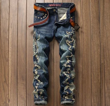 

new European American Style Men's slim jeans denim trousers Straight luxury brand fashion mens blue designer Pleated jeans pants